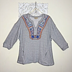 DEMOCRACY size LARGE Pullover Sweatshirt French Terry Beaded Embroidered GRAY